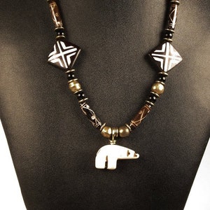 Tribal Hand-Carved Bear Fetish Pendant with Ritual Bone Beaded African VooDoo Shaman Necklace Gift - Shaman Beaded Bear Fetish Necklace Gift