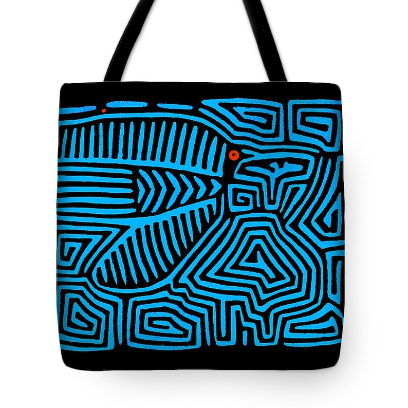 Book Bag ReUsable Shopping Grocery Bag Diaper bag Laptop Bag Kuna Indian Mola Blue Bird Tote Bag SilkyPoly Blue Throw Pillow Gift
