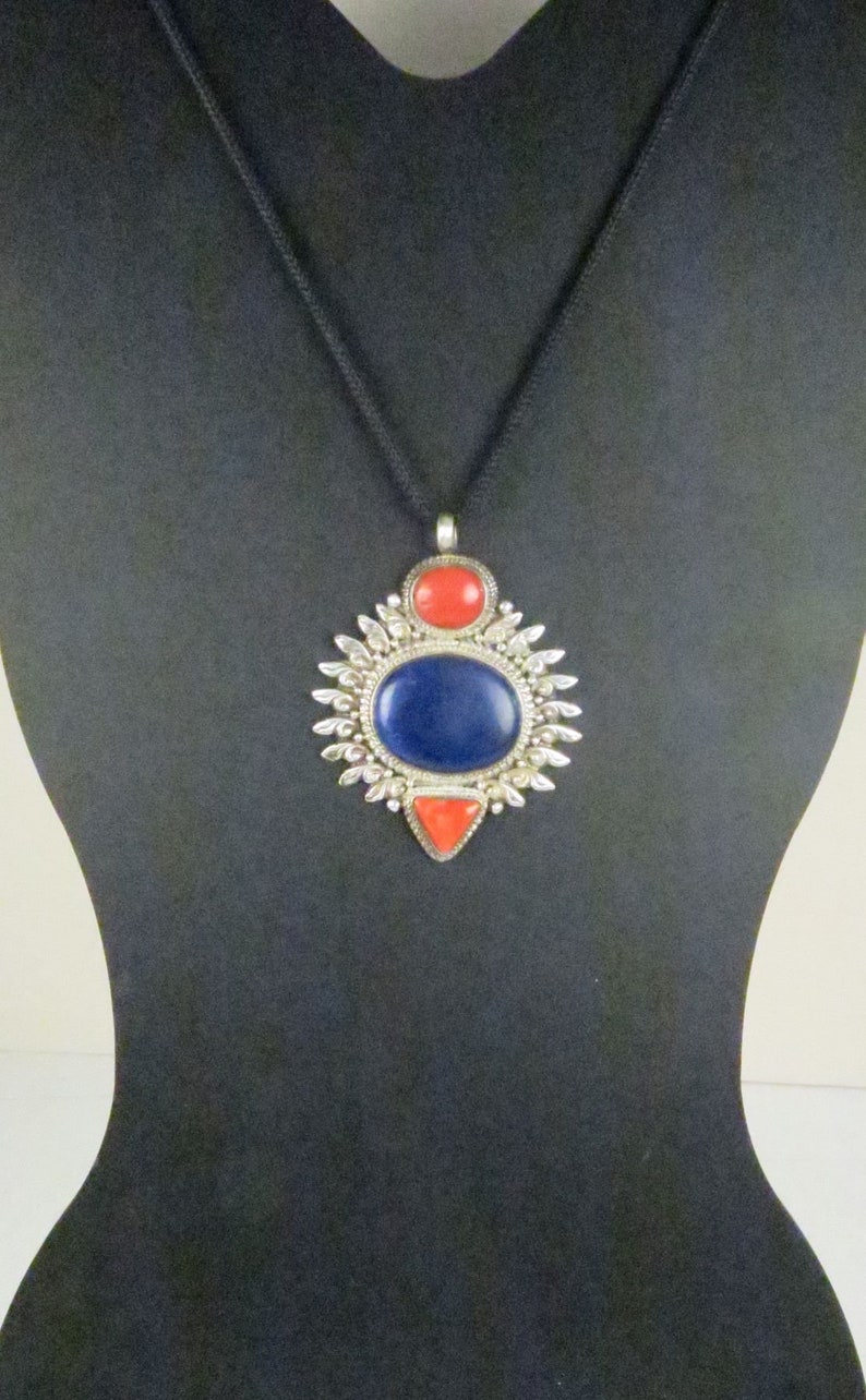 Vintage Lapis Lazuli, Orange Coral, Sterling Silver Large Pendant image 5