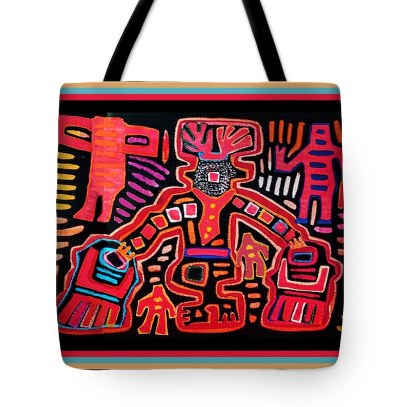Book Bag ReUsable Shopping Grocery  Bag Diaper bag Laptop Bag Kuna Indian Mola Blue Bird Tote Bag SilkyPoly Blue Throw Pillow Gift
