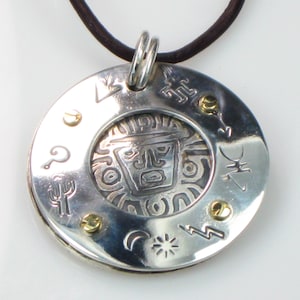 Aztec Southwest Sterling Silver Pendant - Reversable Front Back Aztec SW Etched Sterling Silver Pendant Gift - Tribal Aztec Indian Design