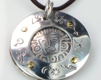 Aztec Southwest Sterling Silver Pendant - Reversable Front Back Aztec SW Etched Sterling Silver Pendant Gift - Tribal Aztec Indian Design