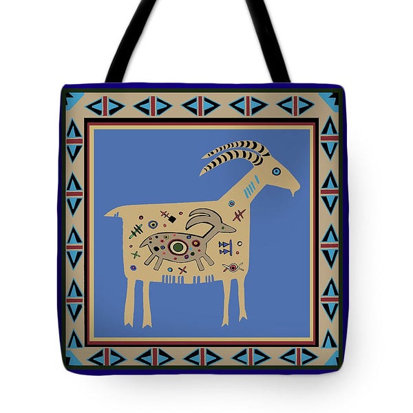 Southwest Mimbres Tribal Mother Ram With Baby Tote Bag - Mountain MaMa Ram Throw Pillow - Maternity Mom's Gift - Baby Shower Tote Bag Gift