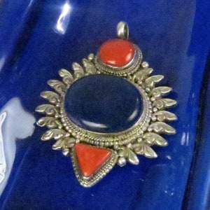 Vintage Lapis Lazuli, Orange Coral, Sterling Silver Large Pendant image 1