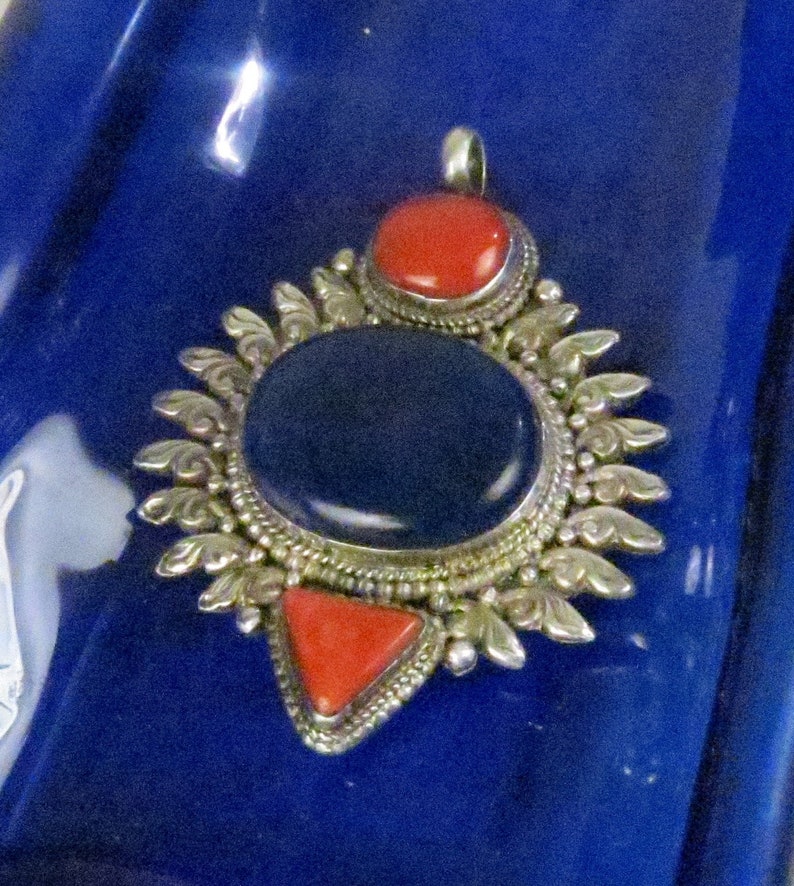 Vintage Lapis Lazuli, Orange Coral, Sterling Silver Large Pendant image 1