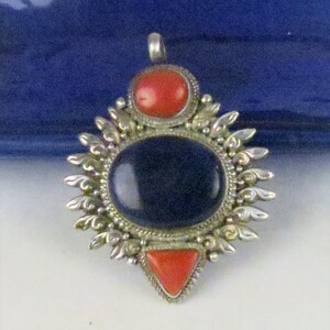 Vintage Lapis Lazuli, Orange Coral, Sterling Silver Large Pendant image 2