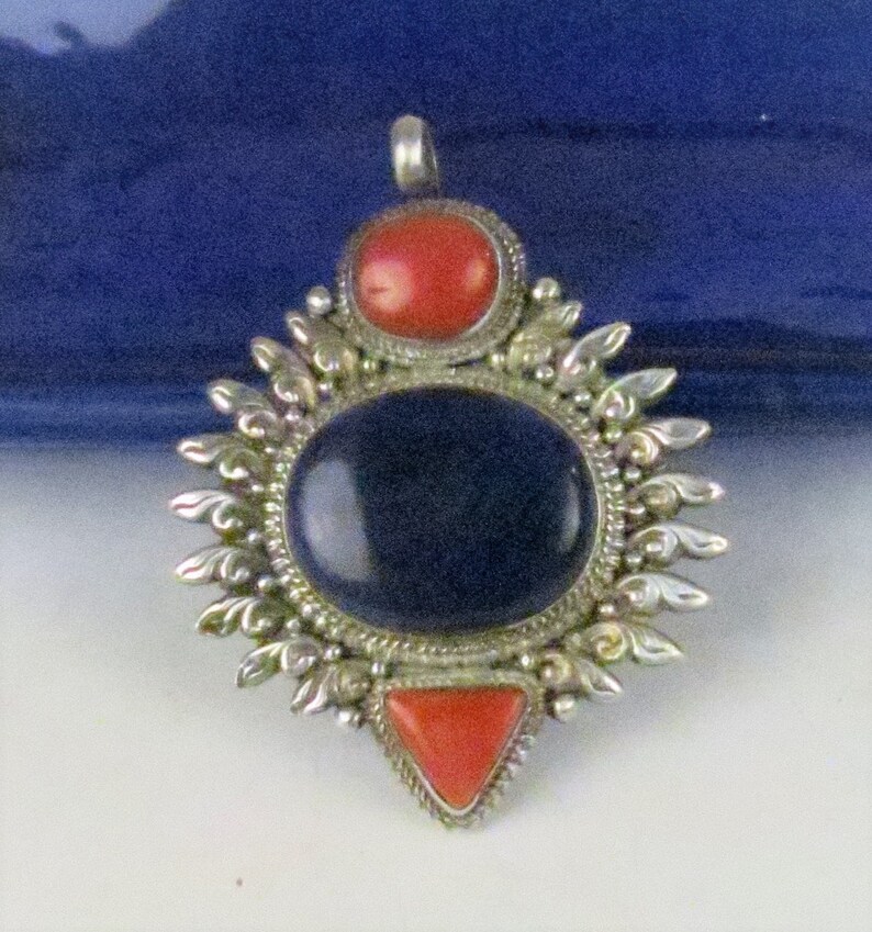 Vintage Lapis Lazuli, Orange Coral, Sterling Silver Large Pendant image 2