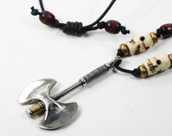 Viking Medieval Double Headed Ax Pendant Beaded Necklace - Carved Bone Pendant - Witchcraft Pendant - Witchcraft Pendant - Nordic Ax Pendant