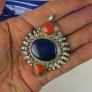 Vintage Lapis Lazuli, Orange Coral, Sterling Silver Large Pendant image 3