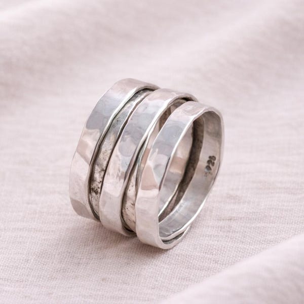 Sterling Silver 5 Band Wrap Ring – Hammered Stacking Statement Jewelry
