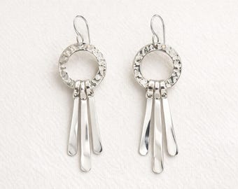 Sterling Silver Feather Earrings – Hammered Circle, Polished Drops, Fair Trade Artisan Jewellery