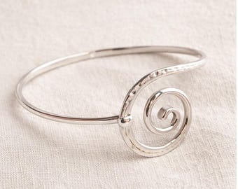 Handmade Sterling Silver Spiral Bangle – Fair Trade Hammered Swirl Cuff, Adjustable 925 Silver Bracelet