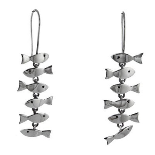 Handmade, Fair trade, Sterling silver pack of swimming sardines fish drop earrings