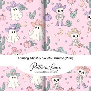 May include: A seamless pattern design featuring white ghosts and skeletons wearing cowboy hats, interspersed with pink pumpkins, green cacti, and small stars on a light pink background. The text reads Cowboy Ghost & Skeleton Bundle (Pink) Pattern Lumi.