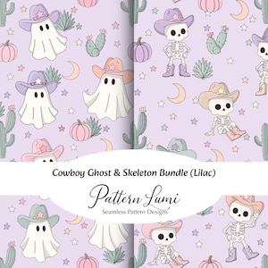 Ensemble de motifs sans couture lilas cowboy fantôme et squelette | Motifs numériques pastel western pour Halloween