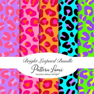 May include: A digital graphic featuring five vertical panels of leopard print patterns in vibrant neon colors including purple, pink, orange, cyan, and lime green. A white oval overlay in the center displays the text Bright Leopard Bundle Pattern Lumi.