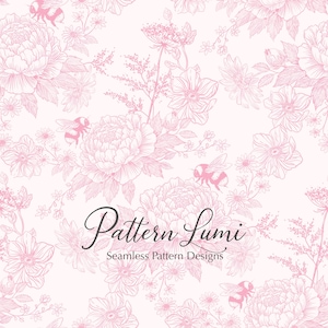 May include: A seamless pattern design with pink floral illustrations and bees. The design includes peonies, daisies, and other flowers. The text "Pattern Lumi" and "Seamless Pattern Designs" are displayed in the image.