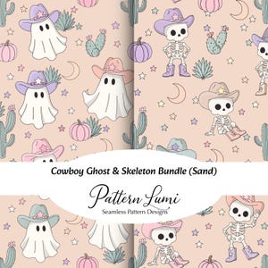 Sand Coloured Cowboy Ghost & Skeleton Seamless Patterns | Pastel Western Halloween Digital Bundle