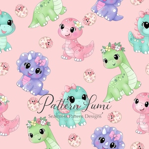 May include: A seamless pattern featuring cartoon dinosaurs in shades of pink, green, blue, and purple on a pink background. The dinosaurs have bows and flower crowns. Small dinosaur eggs are also scattered throughout the design.