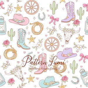 Pastel Cowgirl Seamless Pattern | Western Boots, Hats, Cacti (Digital Download)