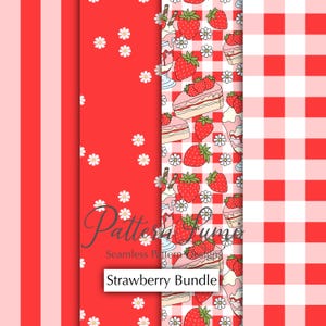 Könnte beinhalten: Eine Sammlung nahtloser Muster in Rot und Weiß. Designs umfassen Streifen, Gänseblümchen, Erdbeeren, Kuchen und ein Vichy-Karo. Der Text "Strawberry Bundle" wird auf einem weißen Rechteck angezeigt.