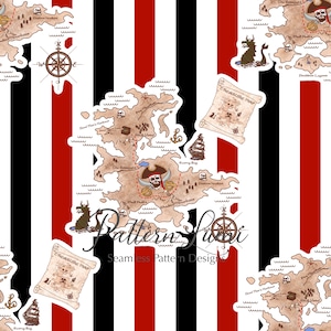 Puede incluir: Diseño de patrón sin costuras con mapas de piratas, brújulas y barcos sobre un fondo a rayas rojo, negro y blanco. Los mapas incluyen calaveras y tibias cruzadas, con el texto "Pattern Shop" y "Treasure Map".