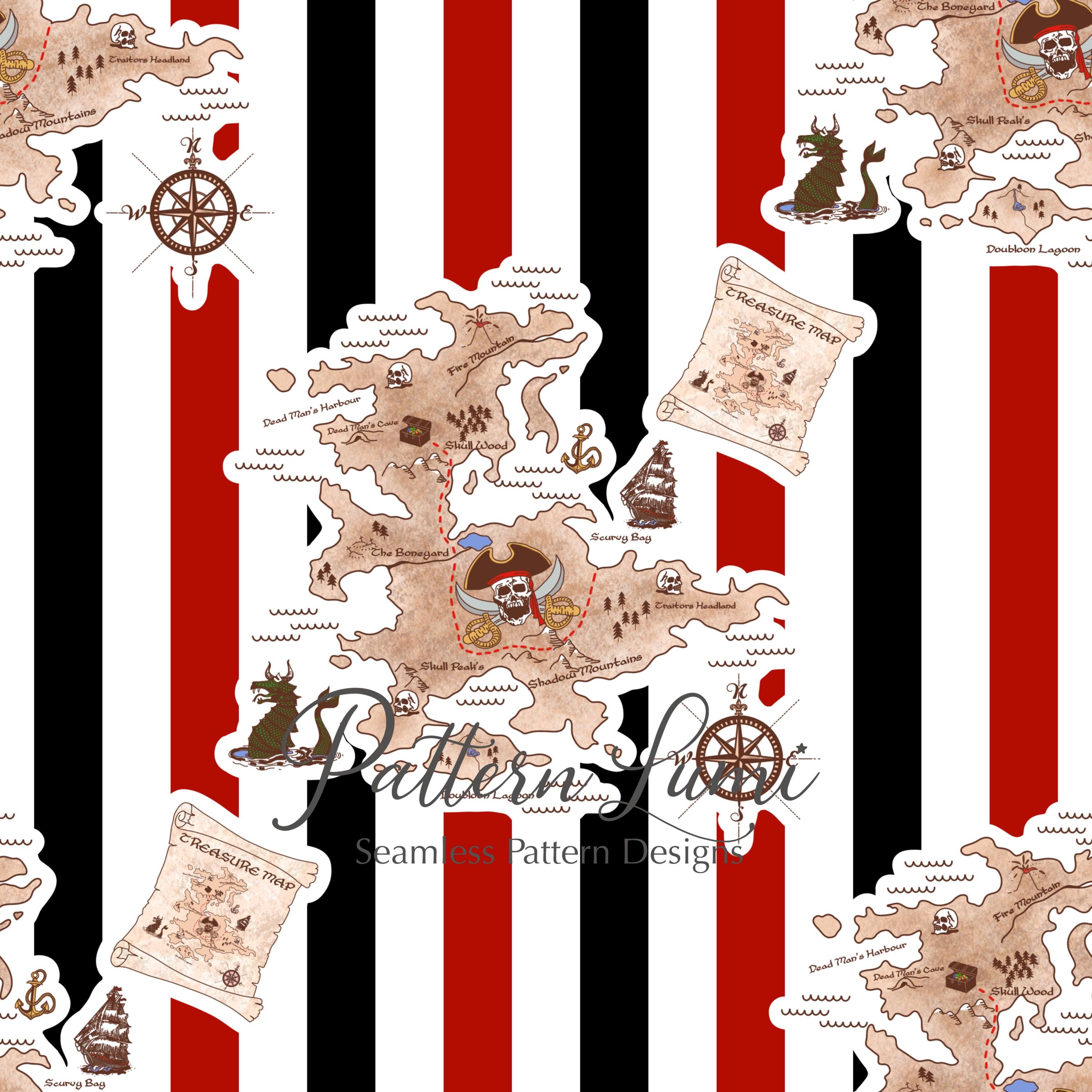 Pirate Treasure Map Seamless Pattern, Nautical Vintage Fabric Print ...