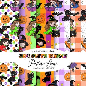 Puede incluir: Cinco archivos de patrones digitales sin costuras con temática de Halloween. Cada patrón presenta brujas de dibujos animados, gatos negros, calabazas, murciélagos y estrellas. Los patrones están en varios esquemas de color, incluyendo púrpura, naranja y verde. El texto "Halloween Bundle" y "Pattern Lumi" también es visible.