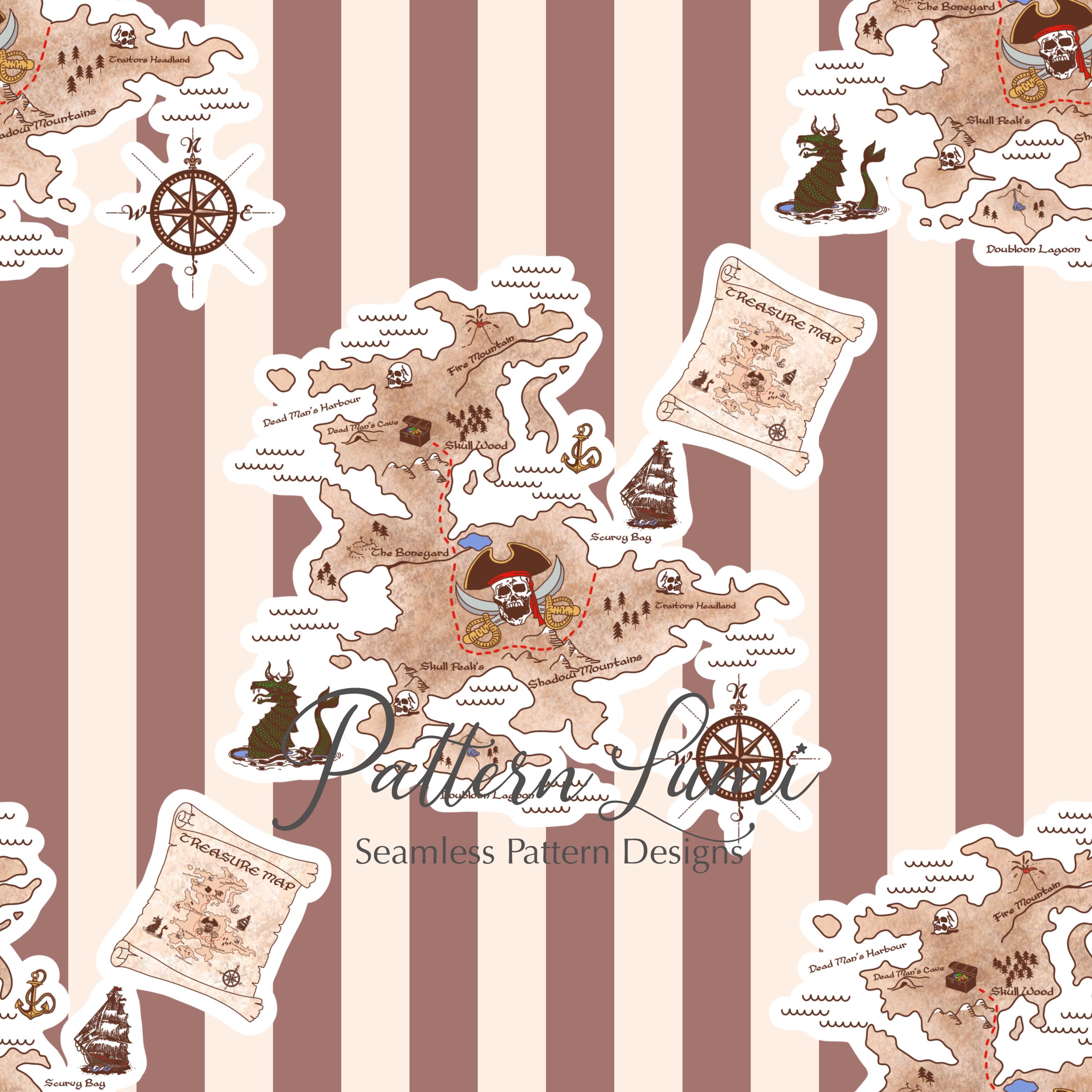 Pirate Treasure Map Seamless Pattern, Vintage Nautical Digital Paper ...