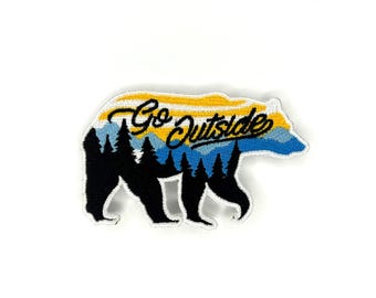 Go Outside Bear Patch - Embroidered Iron-On Patch for Backpacks, Jackets and Gear