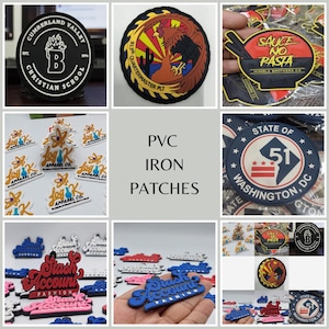 May include: Assortment of iron-on patches featuring various designs, including a school logo, a state flag, a rooster, and a logo with the text "Sauce No Pasta".