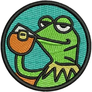 Meme Frog Embroidery Patch – Funny Tea-Sipping Frog Iron-On/Hook & Loop Patch for Jackets, Hats and Backpacks – Circle Patch Design