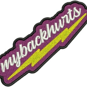 May include: Embroidered patch with the text "mybackhurts" in white script, a yellow lightning bolt, and a purple background. The patch has a black border.