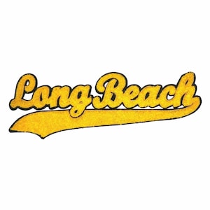May include: A yellow and black graphic of the words "Long Beach" in a vintage, retro style. The text is in a bold, cursive font with a black outline and a yellow, textured fill. A yellow banner underlines the text.
