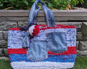 Handmade Woven Red White and blue jean large bag with pockets and accessories