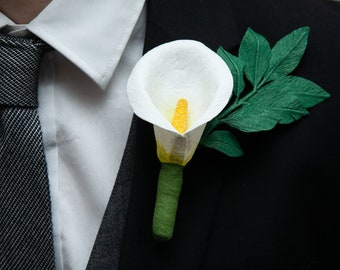 White Calla Lily Boutonniere for Groom / Paper Flower Wedding Buttonhole for Classic White Wedding / White Corsage for Prom Date