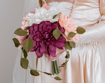 Dahlia Wedding Bouquet for Vintage Themed Wedding / Vintage Inspired Wedding Bridal Bouquet / Purple Paper Flower Wedding Bouquet