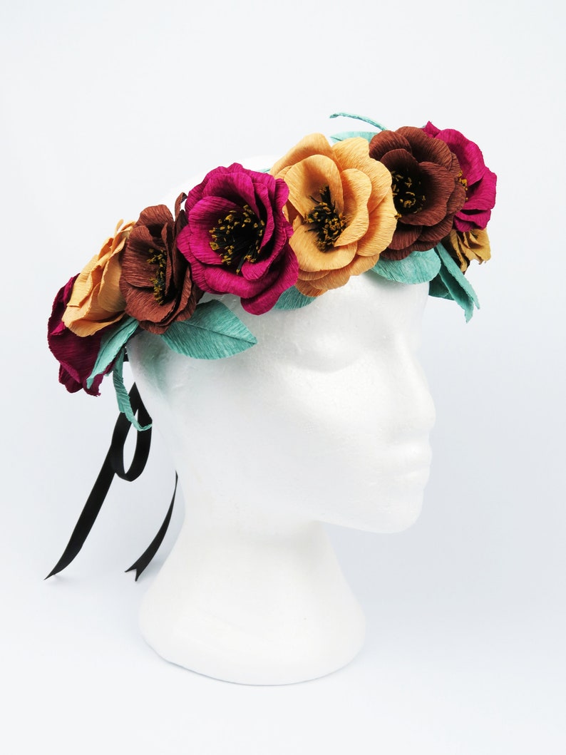 Boho Floral Crown for Bachelorette Party / Bride to Be Boho Flower Crown with Paper Flower Camellias / Retro Flower Crown for Garden Party image 5