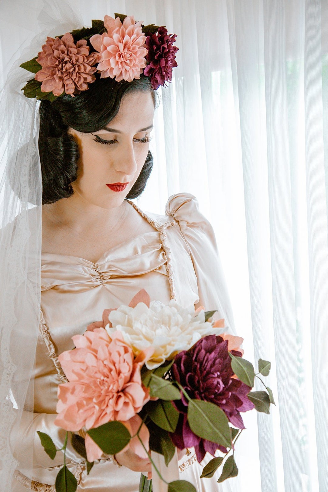 Dahlia Flower Crown for Vintage Wedding / Frida Kahlo Inspired Etsy