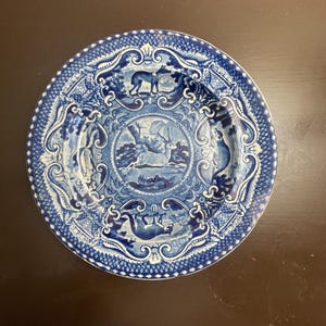 Antique Blue Transferware 8&quot; Plate, Quadrupeds, Antelope, John Hall, 1814 - 1832