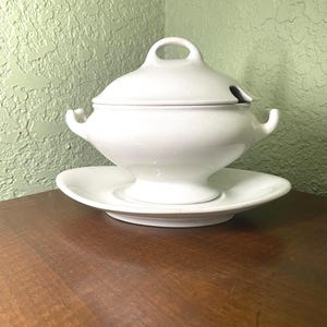 J T Close and Co  Antique WHITE IRONSTONE Three Piece  Sauce Tureen, Plain Uplift Shape