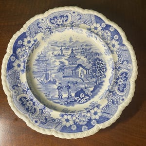 Antique Blue Transferware Plate, Chinese Bird Catchers, R Stevenson, 1810 - 1835