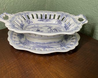 Antique Blue Transferware Chestnut Basket and Undertray, Napier