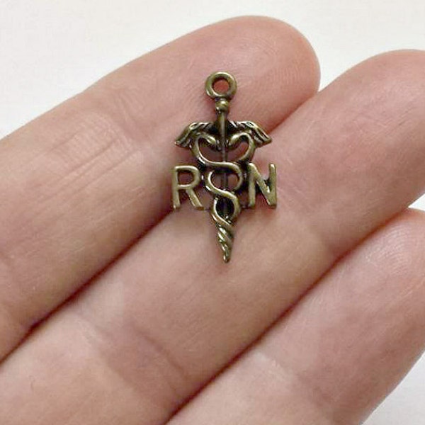 8 RN Charms - Registered Nurse Charm Pendants - Antique Bronze - Medical Caduceus - #B0051