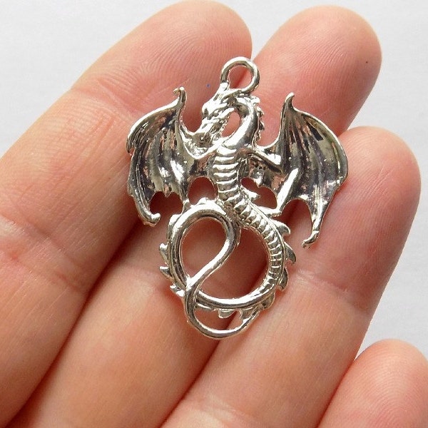 4 Flying Dragon Pendants - Flying Dragon Charms - Silver Tone - Size 35x28mm  - #S0026