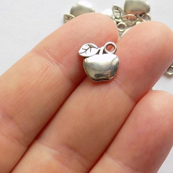 10 Apple Charms - Food Charms - Silver Tone- Double Sided - #S0005