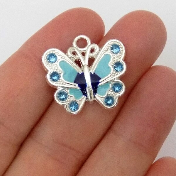 5  Blue Enamel Butterfly Charms - Crystal Rhinestone Butterflies - Pendants - #E0020