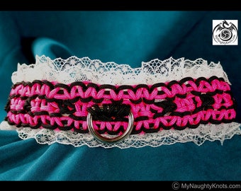 16" Hot Pink and Black Lockable BDSM Slave Collar Sissy Gift