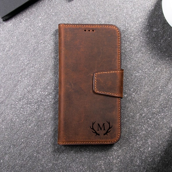 iPhone 13 Mini Case, Leather iPhone Case, iPhone 13 Magnetic Case, Personalized Credit Card Holder Case, Christmas Gift