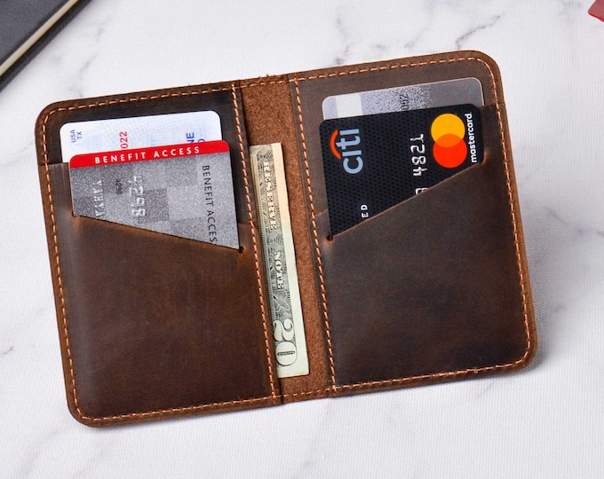 Minimalist Leather Wallet, Initials and Picture Engraved, Personalized Slim Card Holder, Best Gift for Husband, Father, Son, Christmas Gift